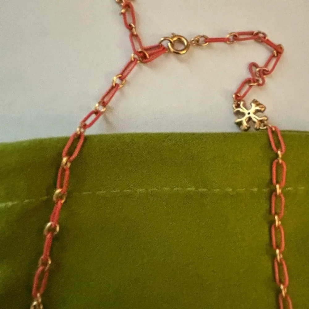 Tory Burch Rose Gold Chain Necklace with Gold Logo Accents